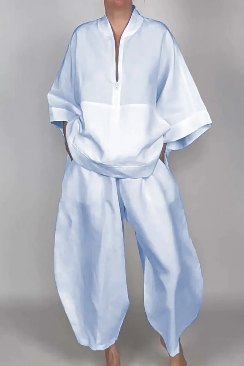 Women's casual half-zip top   bloomers solid color two-piece set