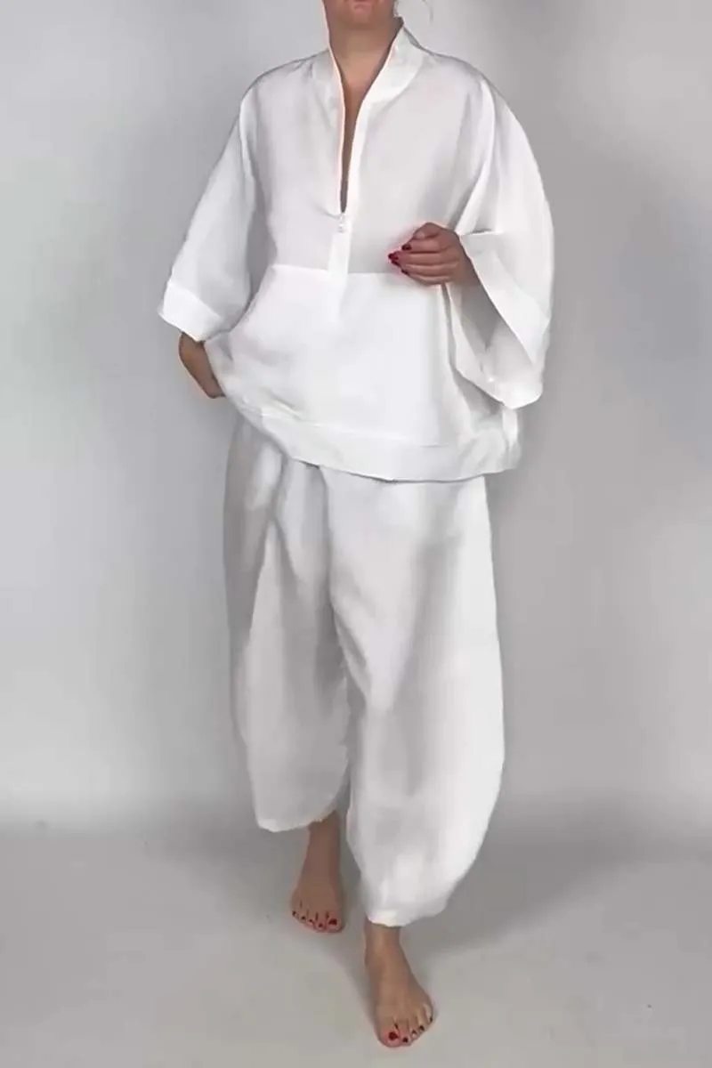 Women's casual half-zip top   bloomers solid color two-piece set