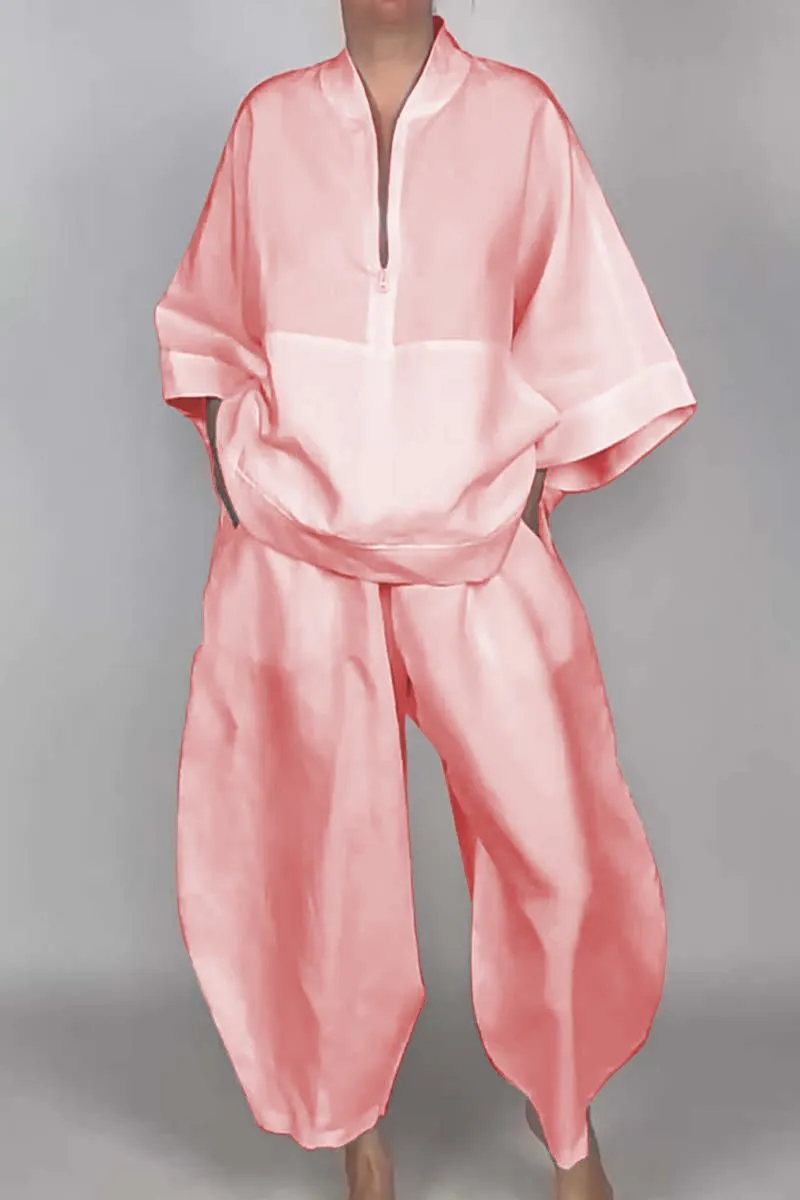 Women's casual half-zip top   bloomers solid color two-piece set