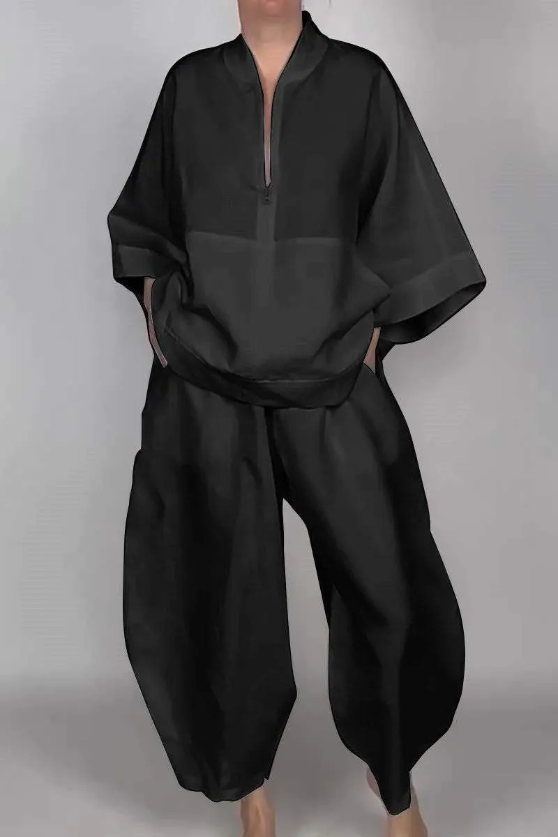 Women's casual half-zip top   bloomers solid color two-piece set