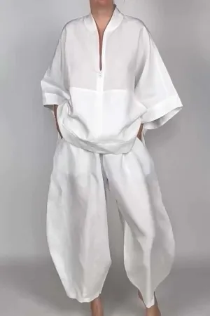 Women's casual half-zip top   bloomers solid color two-piece set