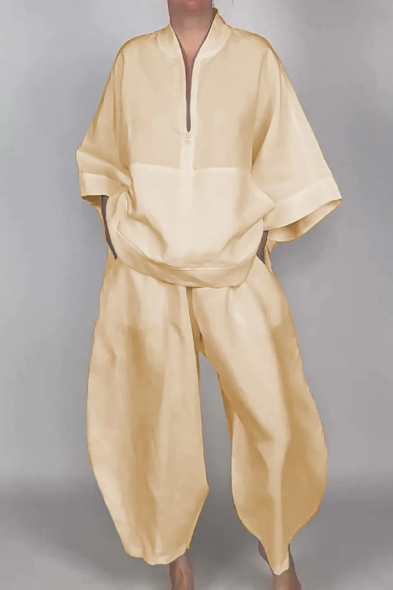 Women's casual half-zip top   bloomers solid color two-piece set