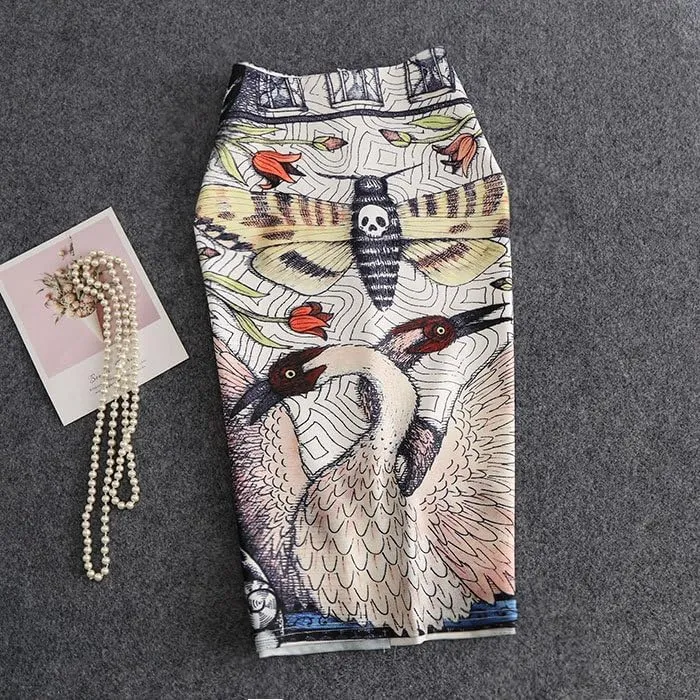 Women's Elastic High Waist Knee Length Pencil Skirt Office Work Midi Bodycon Basic Floral Skirt with Back Slit