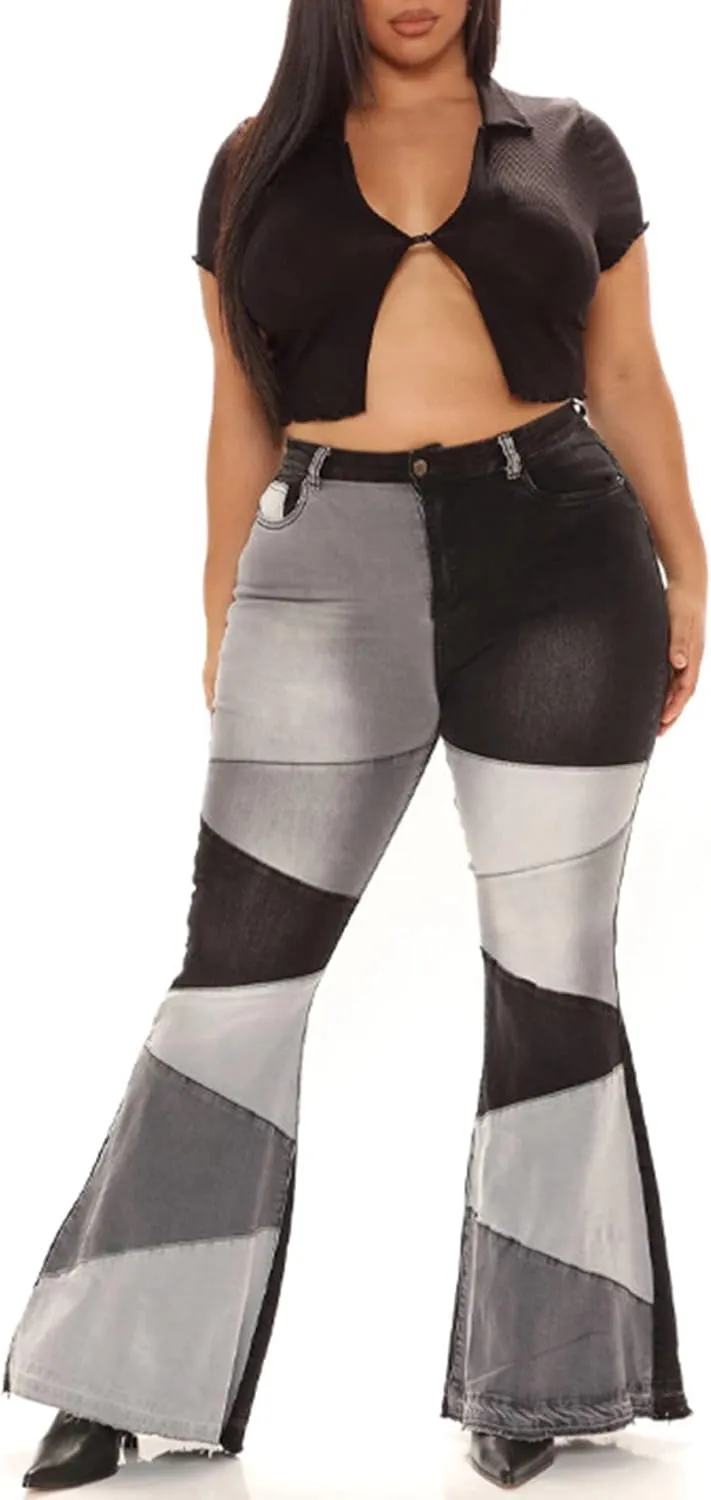 Women's Stylish High Waist Patchwork Jeans Distressed Hippie Vintage Flared Bell Denim Pants