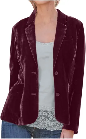 Womens Velvet Blazer Cozy Lightweight Outerwear Retro Buttons Long Sleeve Pokets Jacket Cardigan Coat Office Blazers