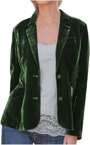Womens Velvet Blazer Cozy Lightweight Outerwear Retro Buttons Long Sleeve Pokets Jacket Cardigan Coat Office Blazers