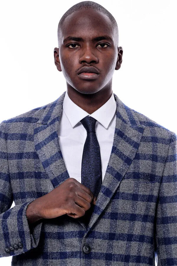 WSS Checked Peak Lapel Slim-Fit Blue Men Blazer  - Singen