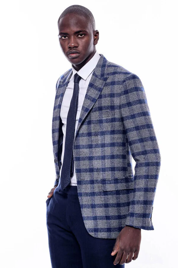 WSS Checked Peak Lapel Slim-Fit Blue Men Blazer  - Singen