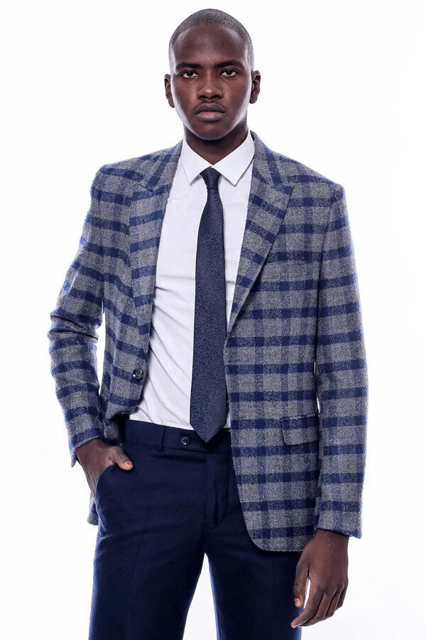 WSS Checked Peak Lapel Slim-Fit Blue Men Blazer  - Singen