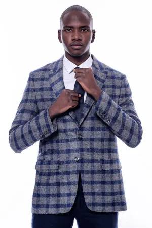 WSS Checked Peak Lapel Slim-Fit Blue Men Blazer  - Singen