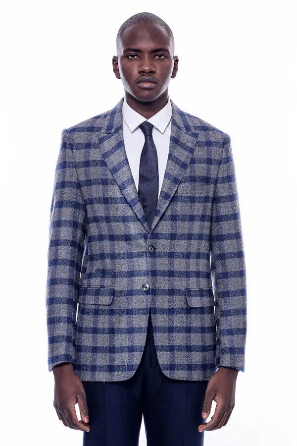 WSS Checked Peak Lapel Slim-Fit Blue Men Blazer  - Singen