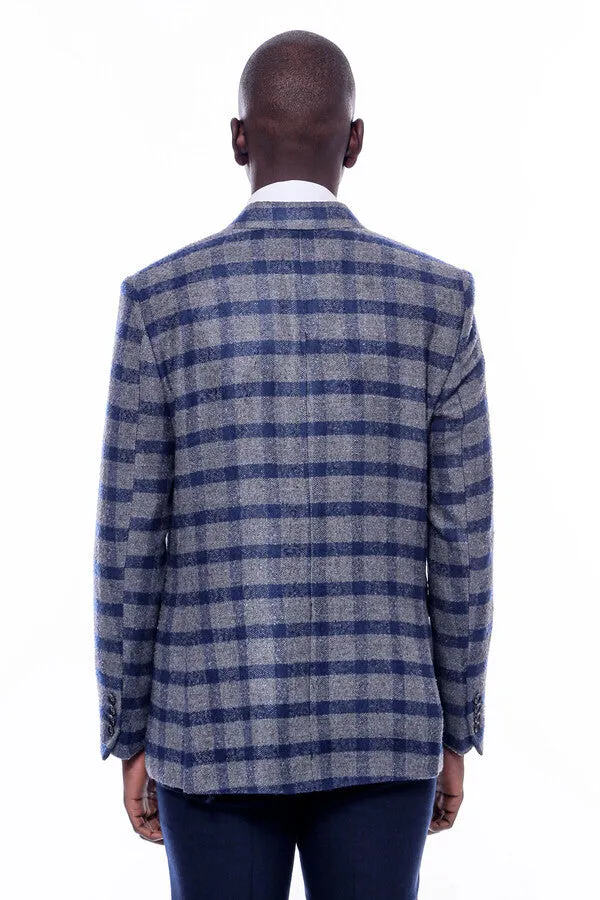 WSS Checked Peak Lapel Slim-Fit Blue Men Blazer  - Singen