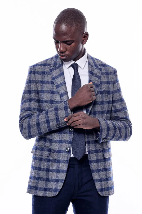 WSS Checked Peak Lapel Slim-Fit Blue Men Blazer  - Singen