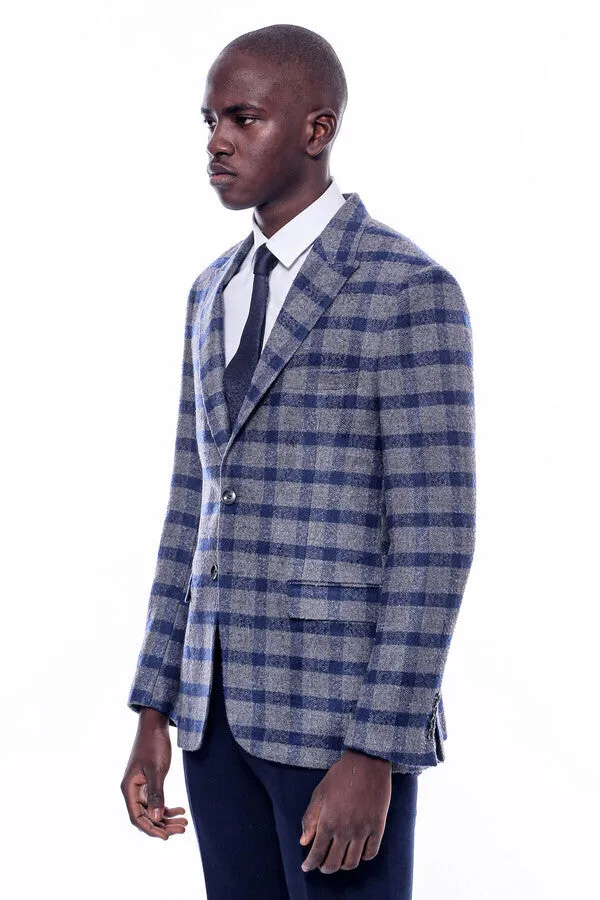 WSS Checked Peak Lapel Slim-Fit Blue Men Blazer  - Singen