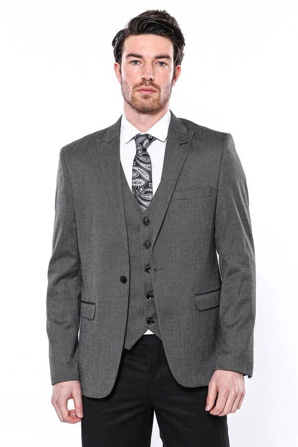 WSS Patterned Slim-Fit Dark Grey Men Blazer  - Singen
