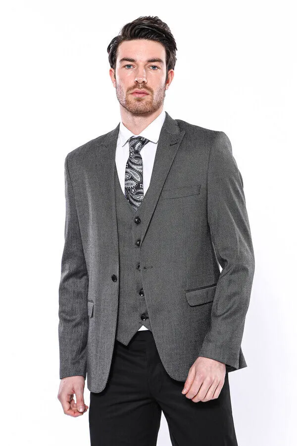 WSS Patterned Slim-Fit Dark Grey Men Blazer  - Singen