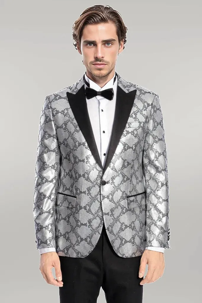 WSS Patterned Slim Fit Grey Men Prom Blazer  - Singen